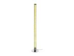 Tall, cylindrical floor lamp with a chrome base and illuminated with warm and cool LED lights.
