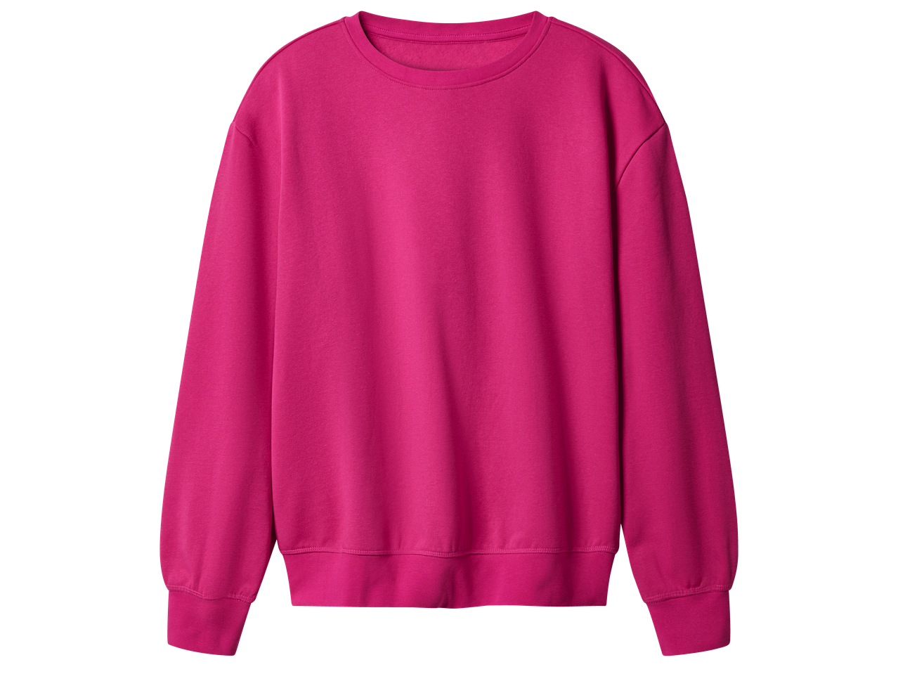 Едноцветна розова блуза с дълъг ръкав и овално деколте, изработена от мека материя.