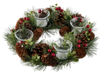 LIVARNO home Christmas Wreath with pinecones, red berries, green foliage, and four candle holders.