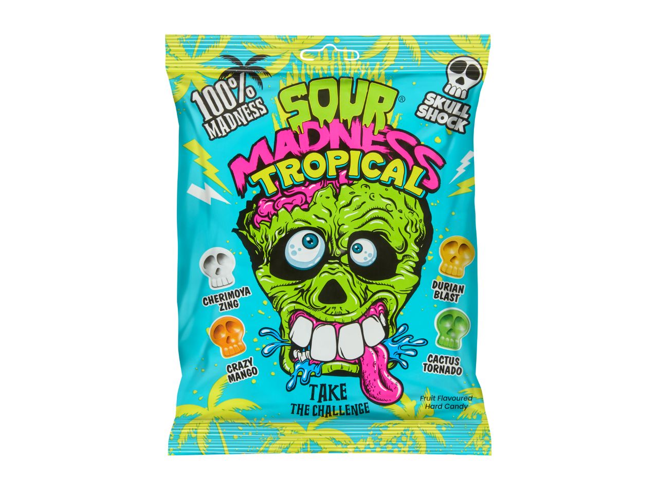Sour tropical fruit flavoured hard candy in a blue bag with a zombie illustration