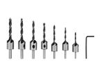 Set of seven countersink drill bits of varying sizes with an Allen key.