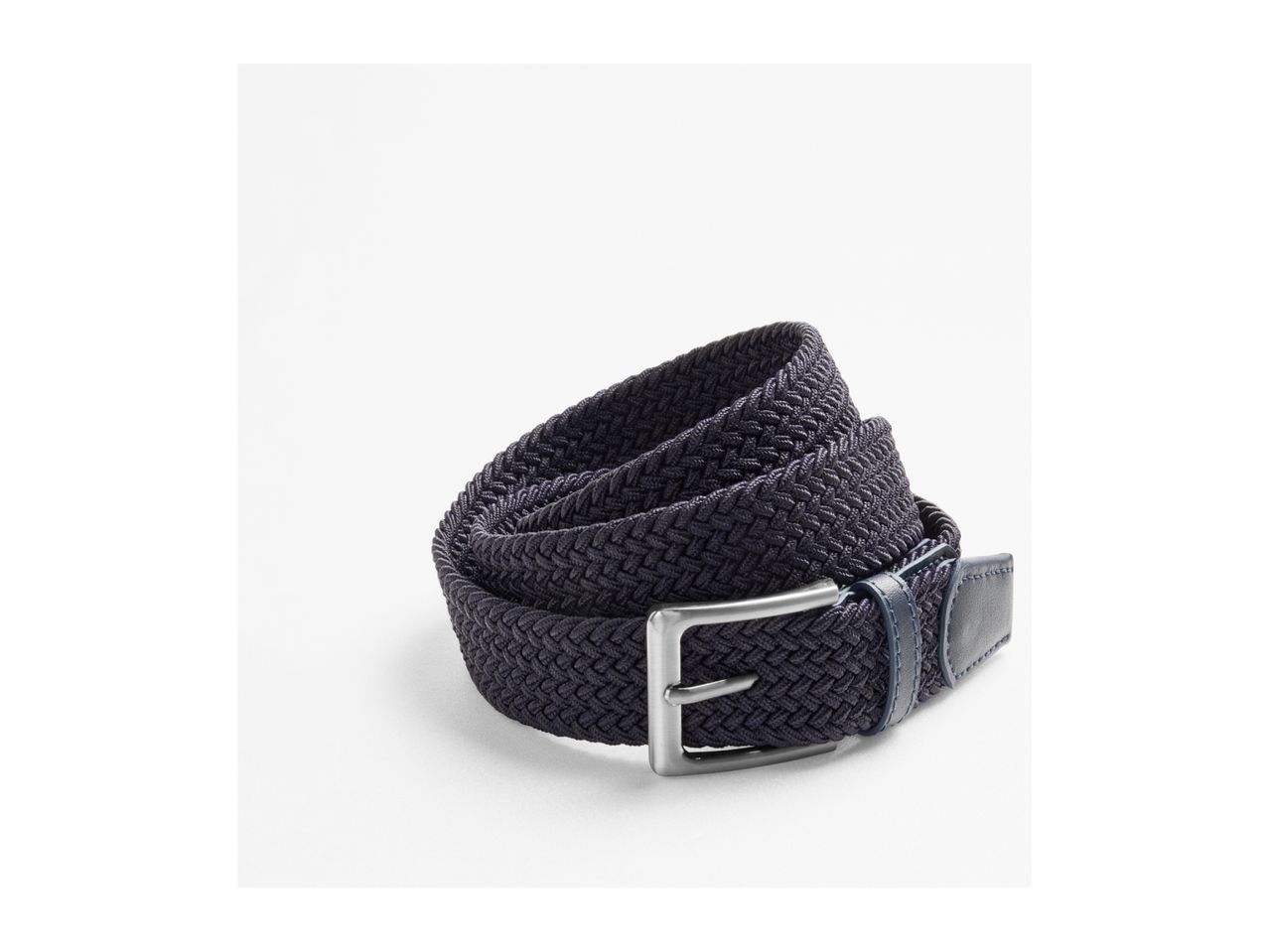A dark blue braided belt with a silver buckle, coiled on a white surface.