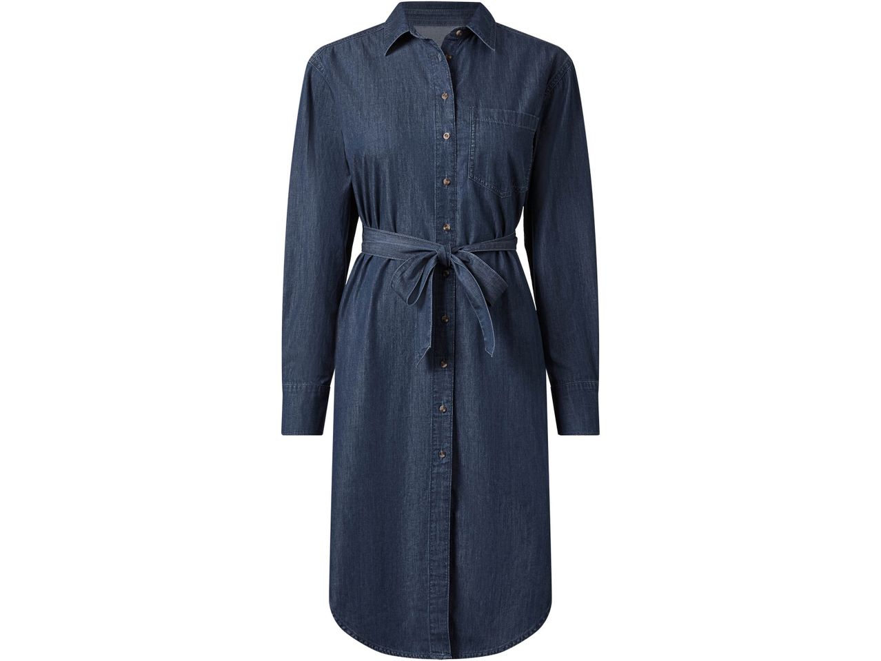 Abito chemisier in denim blu scuro con cintura in vita.