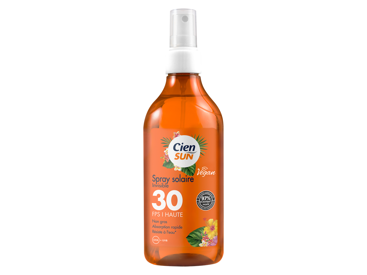 Spray solaire invisible FPS 30, non gras, absorption rapide, résistant à l'eau, UVA + UVB, vegan, bouteille composée de 97% de plastique recyclé.