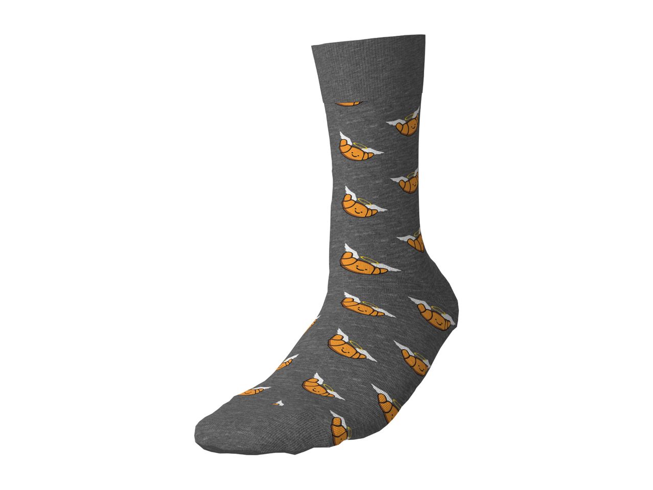 Grey sock featuring a pattern of flying croissants with angel wings and halos