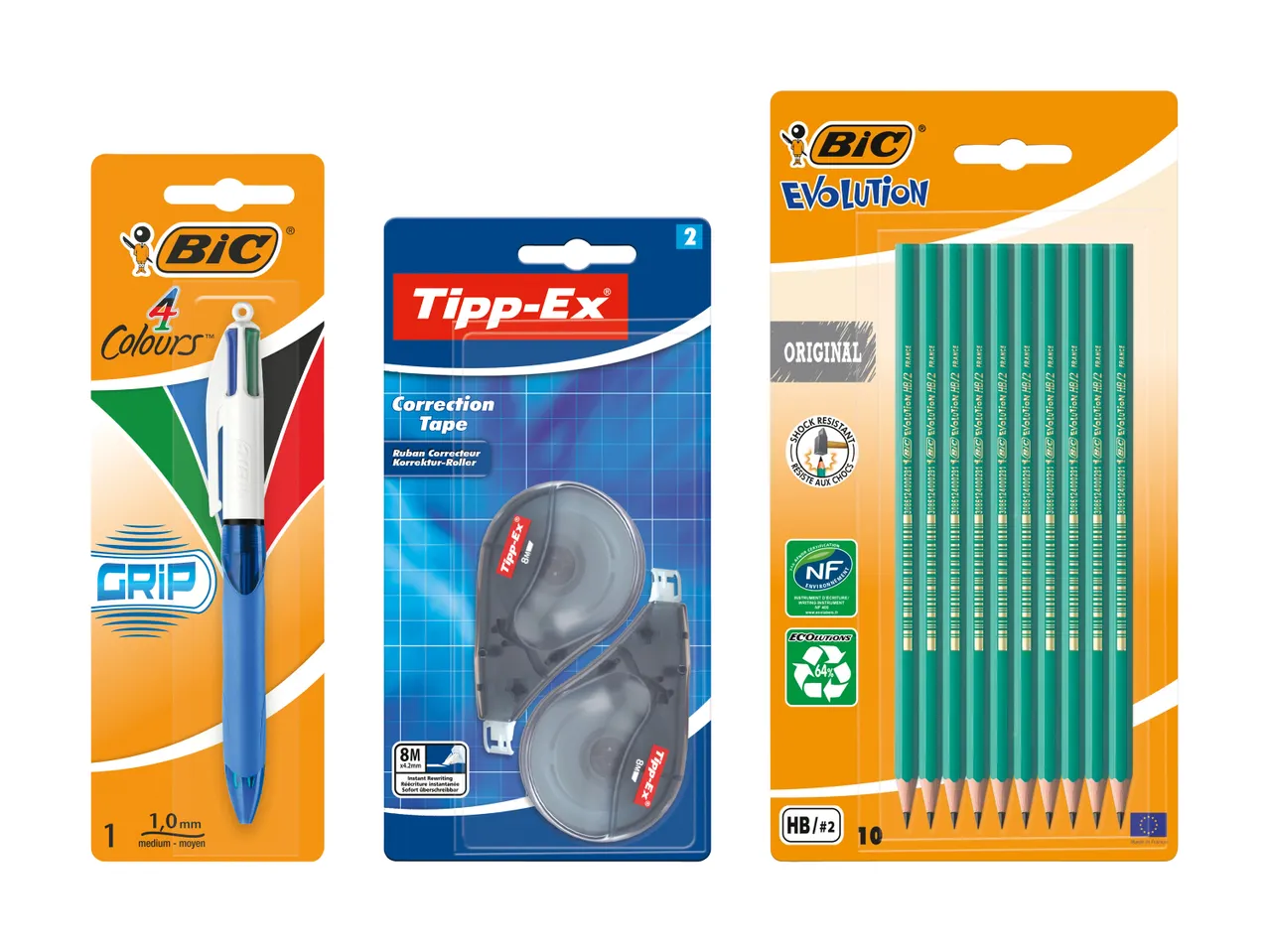 BIC 4 Colours Kugelschreiber, Tipp-Ex Korrekturroller und BIC Evolution Bleistifte.