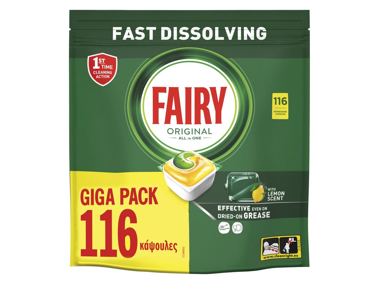Συσκευασία με 116 κάψουλες πλυντηρίου πιάτων με άρωμα λεμονιού, γρήγορης διάλυσης.