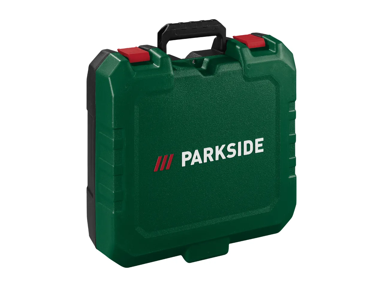 A green and black Parkside tool case with red latches and a black handle.