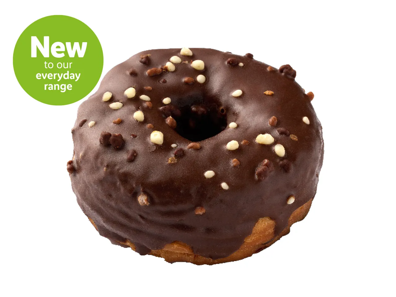 New chocolate-glazed donut with sprinkles.