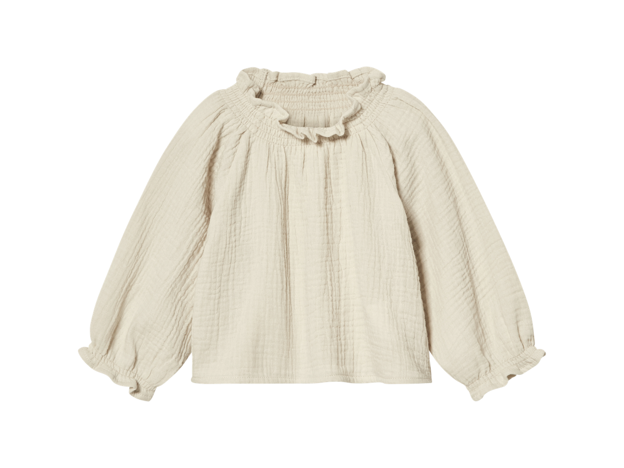 Blusa bege de manga comprida, detalhe smock.