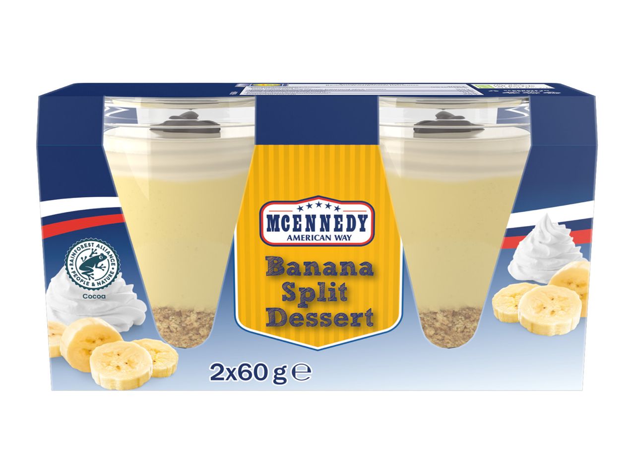 Two-pack of banana split desserts in cups with biscuit base and cream topping.