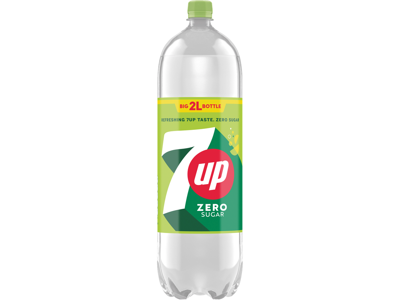 A 2L bottle of 7 Up Zero Sugar soda.