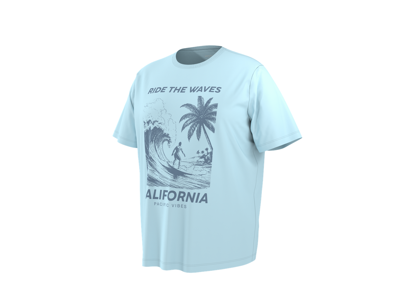 ESMARA MEN vyrų marškinėliai su užrašu „RIDE THE WAVES CALIFORNIA PACIFIC VIBES“ ir banglentininko grafika.