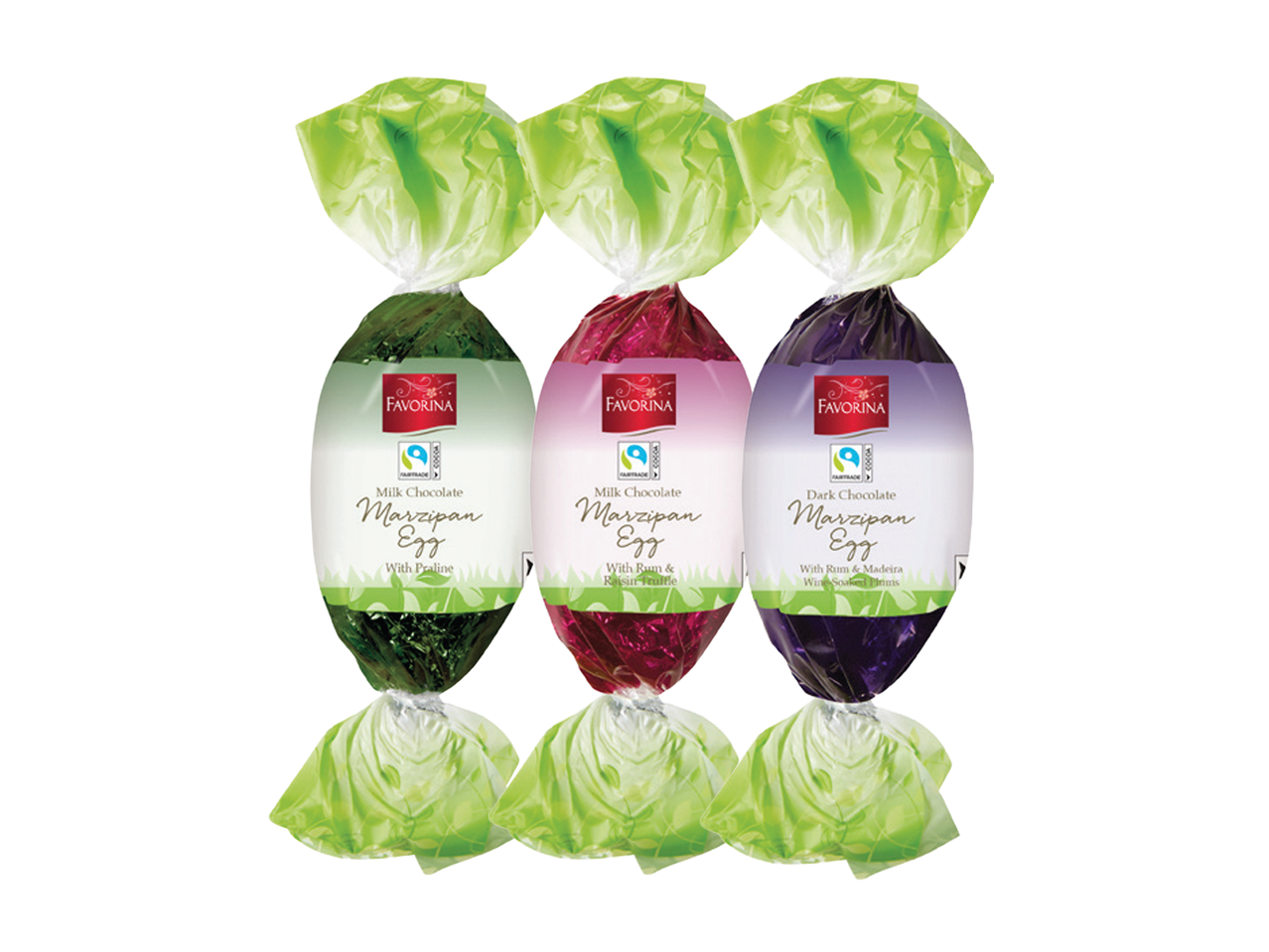 Tri marcipan jaja u omotu, sa ukusima praline, ruma i grožđica, i ruma i madeire.