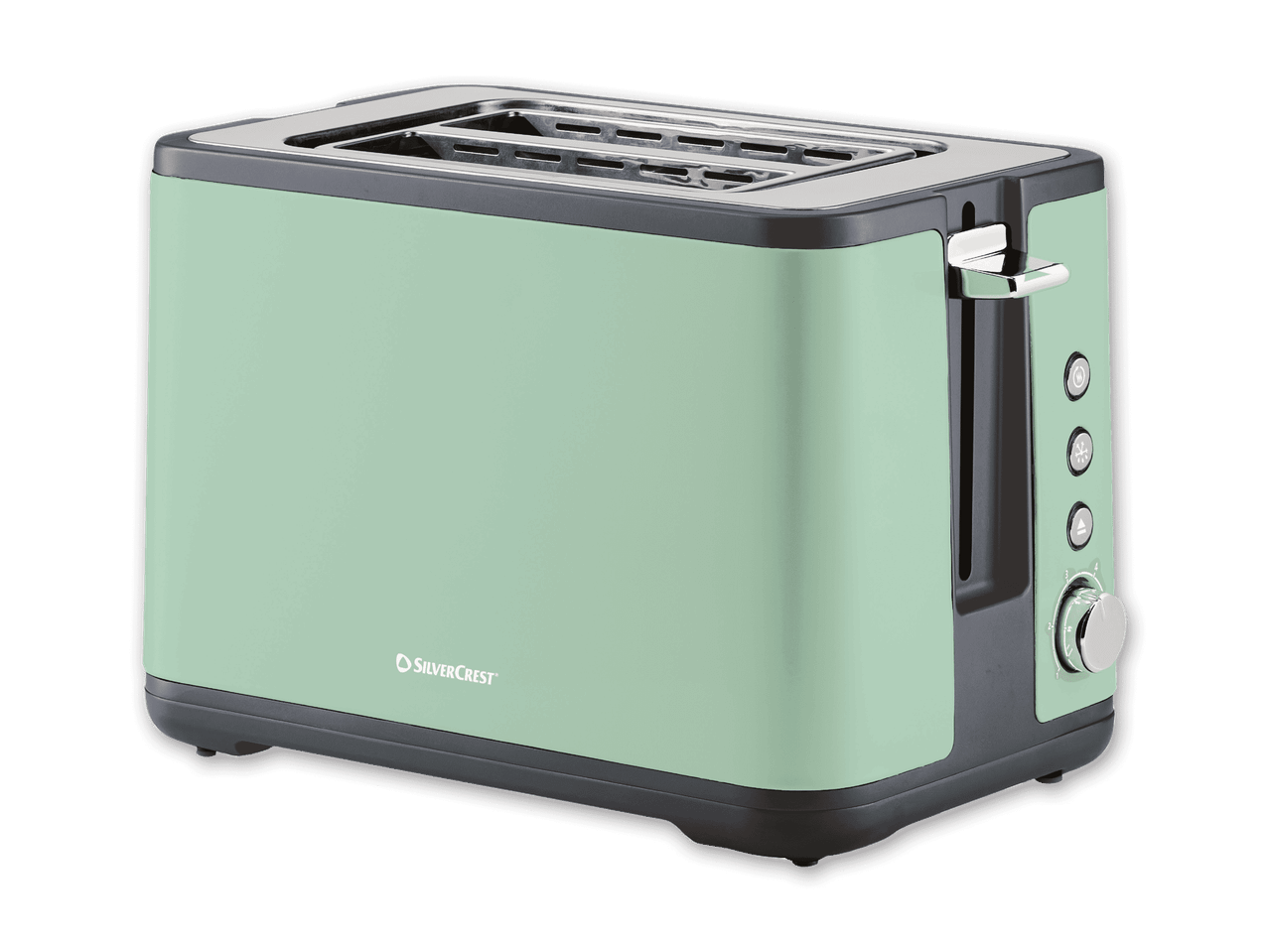 Ein mintgrüner SilverCrest Toaster mit silbernen Akzenten.