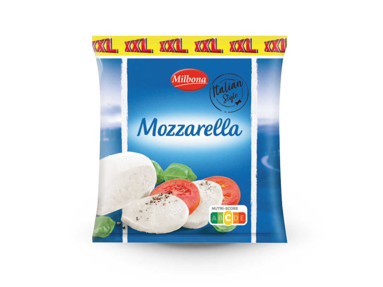 Milbona Mozzarella XXL pakiranje s Nutri-Score oznakom i talijanskim stilom.