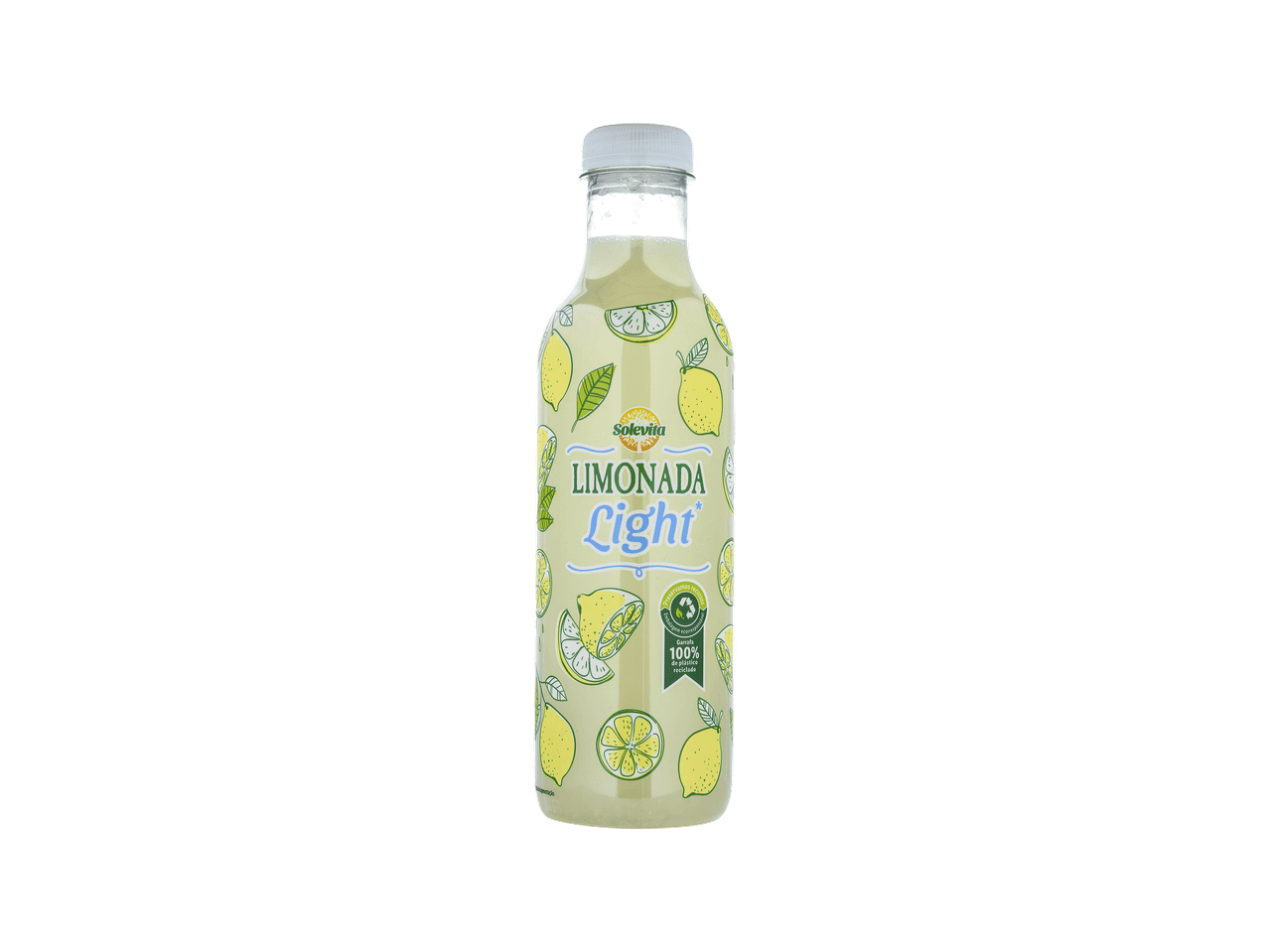 Garrafa de limonada light com rótulo de limões e folhas, indicando 100% plástico reciclado.