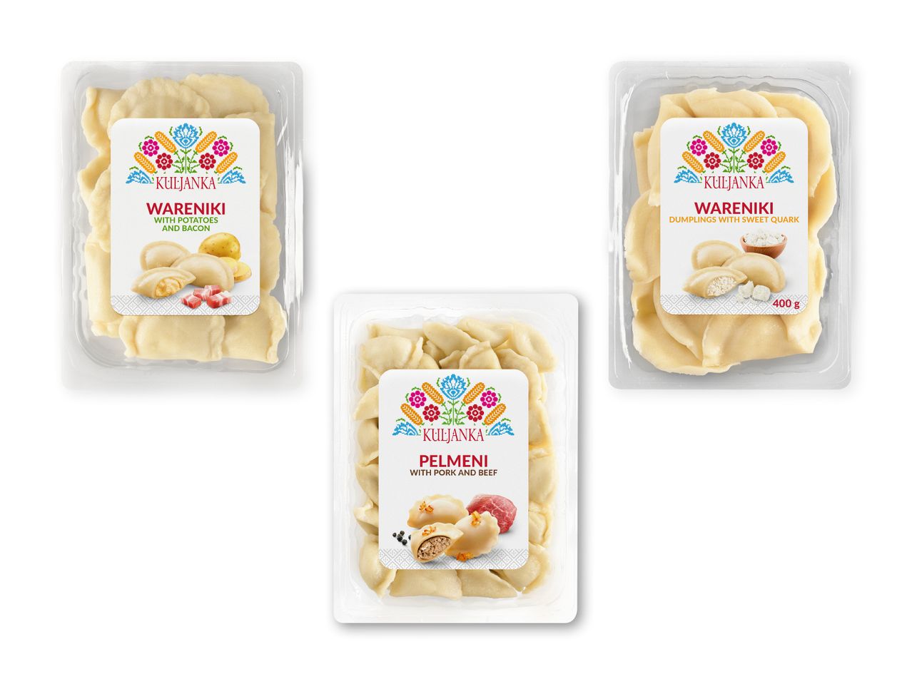 Tre pakker Kuljanka-varenikis og pelmeni-dumplings med forskellige fyld.