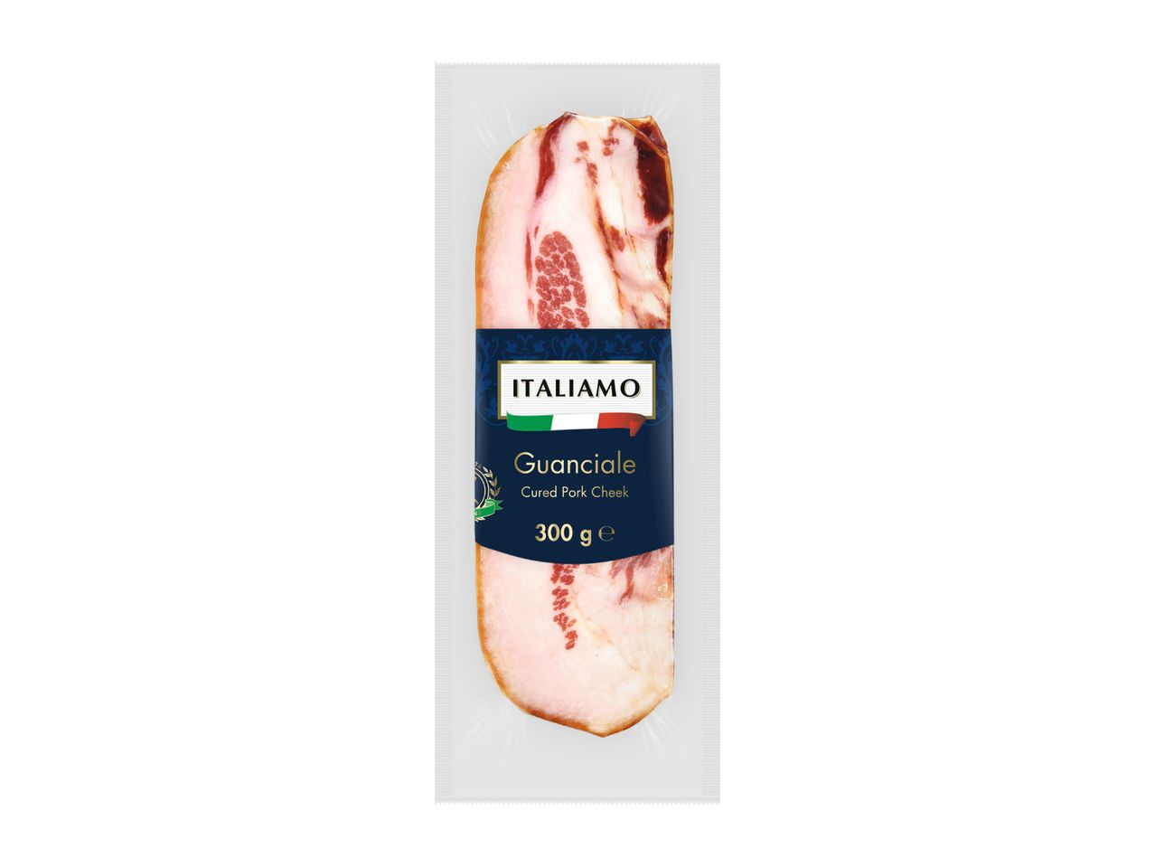 Packaged cured pork cheek (guanciale) with an Italian flag design, 300g.