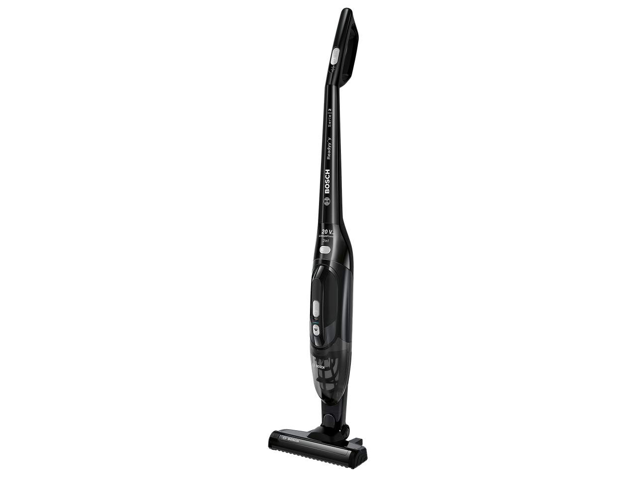 Aspirateur balai sans fil noir 2-en-1 avec batterie lithium-ion 20V.