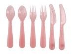 Six pink plastic cutlery pieces: two spoons, two forks, and two knives.