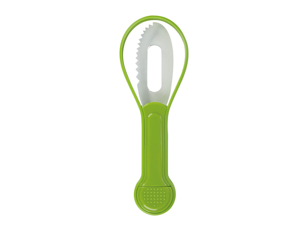 A lime green vegetable peeler with a stainless steel blade.