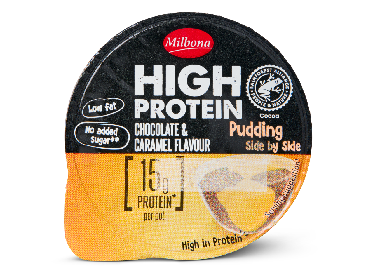 Milbona hoog-proteïne pudding, chocolade & karamel smaak.