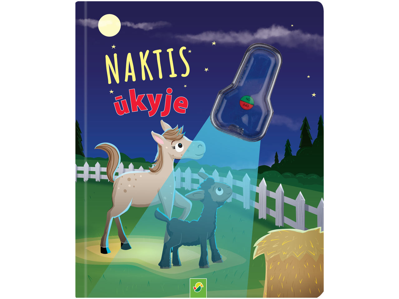 Knyga su žibintuvėliu: arklys ir ėriukas apšviesti naktį ūkyje.
