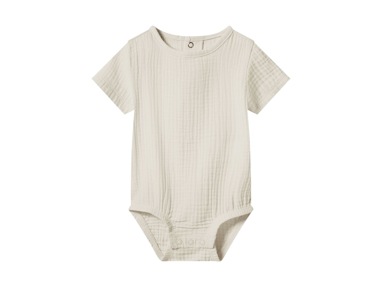 En cremefarvet babybody med korte ærmer og trykknapper.