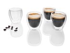 Three double-walled espresso glasses with coffee, and one empty glass.