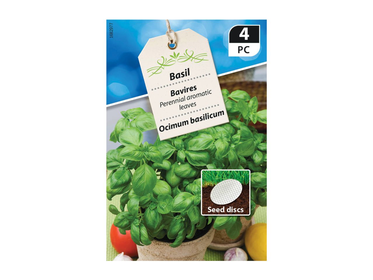 Basil seed discs (4 PC) for planting, with fresh basil plant, tomato, garlic, and lemon.