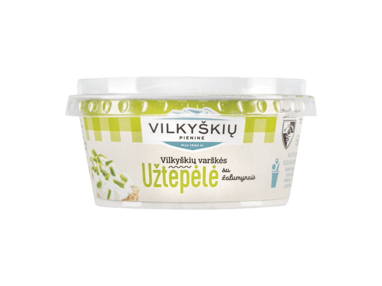 VILKYŠKIŲ PIENINĖ varškės užtepėlė su žalumynais, permatomame indelyje.