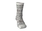 Single white sock with a gray and black fair isle pattern