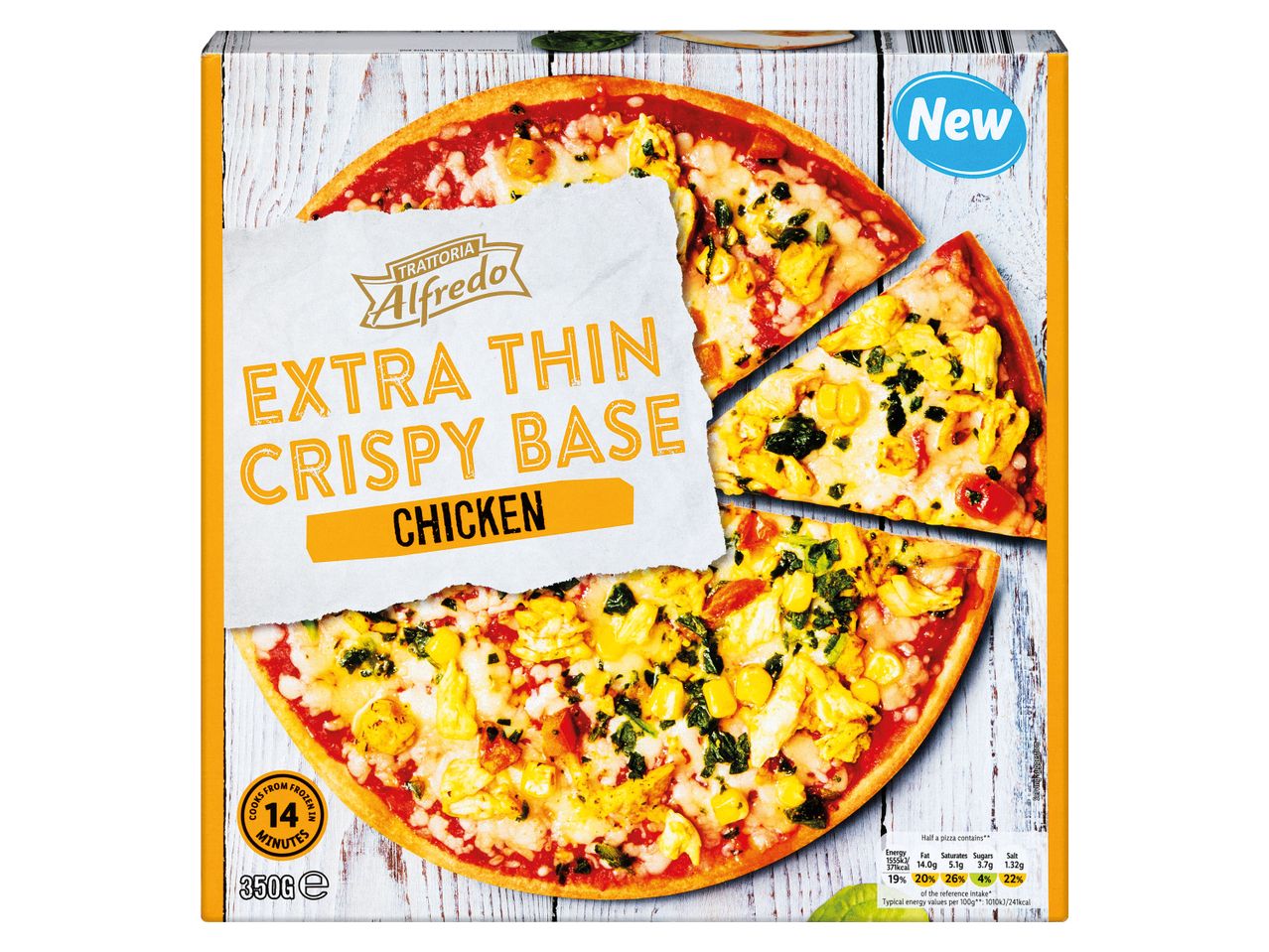New Trattoria Alfredo pizza: extra thin crispy base, chicken.