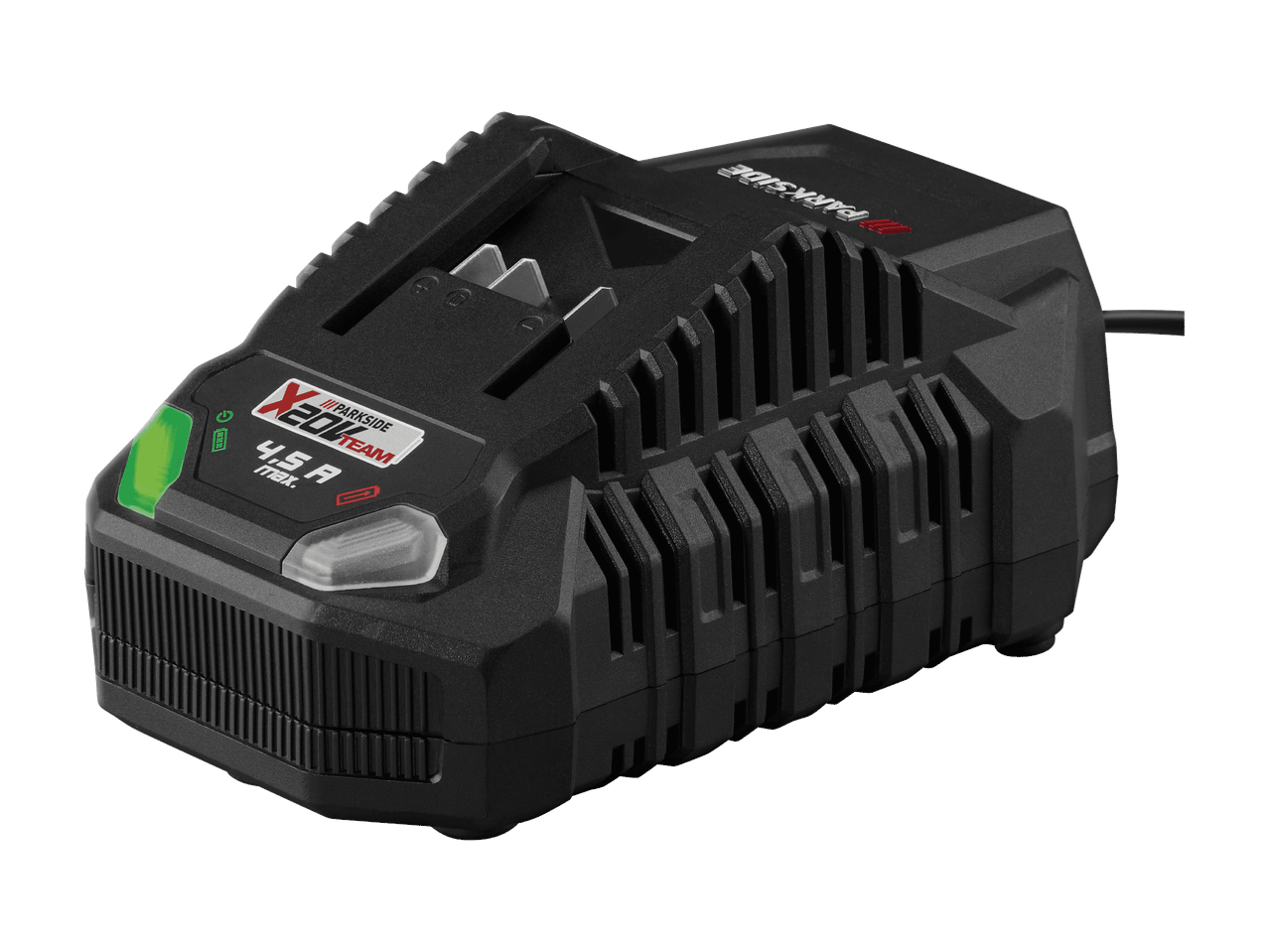 Schwarzes Ladegerät für Elektrowerkzeuge mit grüner Statusanzeige und Text