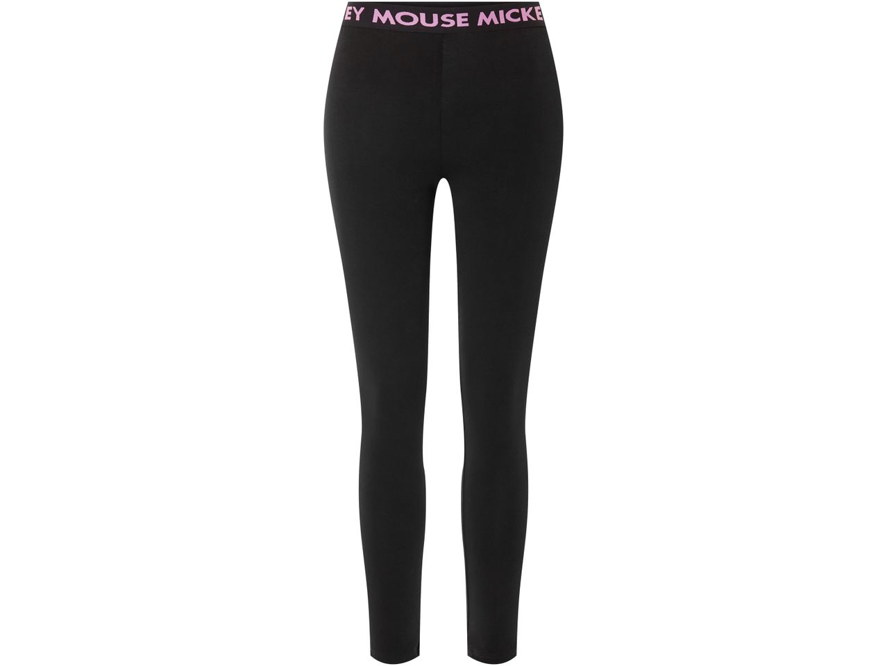 Leggings neri con elastico in vita rosa con scritta 'MICKEY MOUSE'.