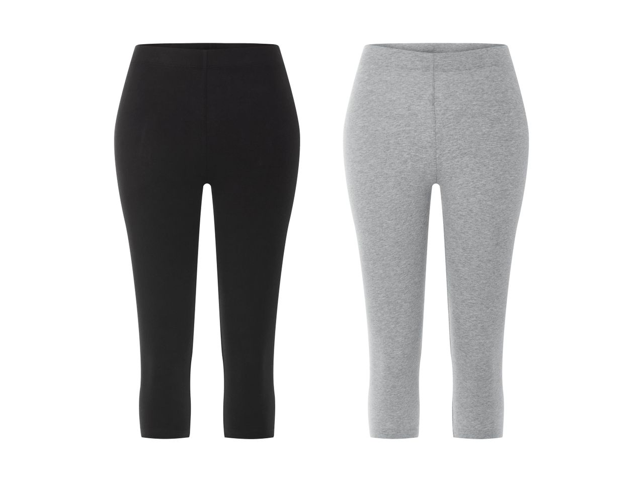 To par capri-leggings, et sort og et gråt, isoleret på hvid baggrund.
