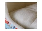Close-up of a soft, fluffy white pet bed with a colorful patterned exterior.