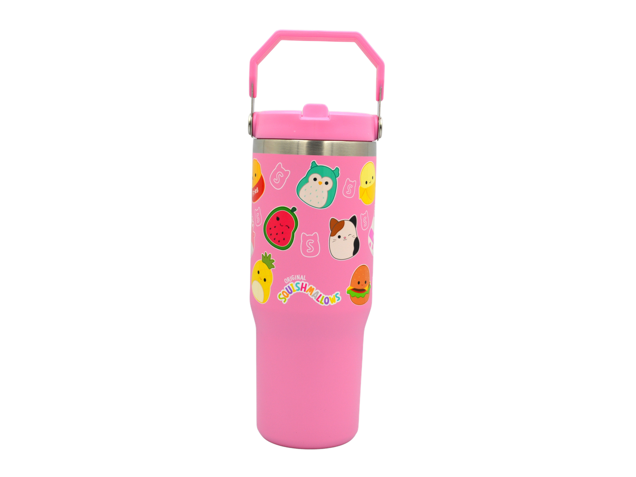 Pink Squishmallows tumbler with various character stickers and a handle.