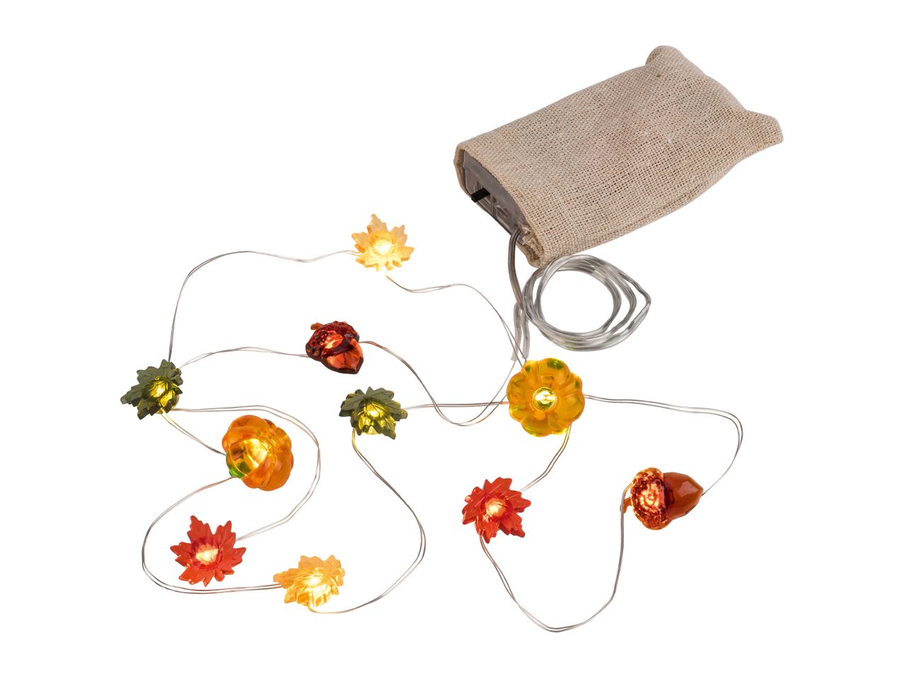 Autumn-themed string lights with pumpkins, leaves, and acorns, powered by a burlap-covered battery pack.