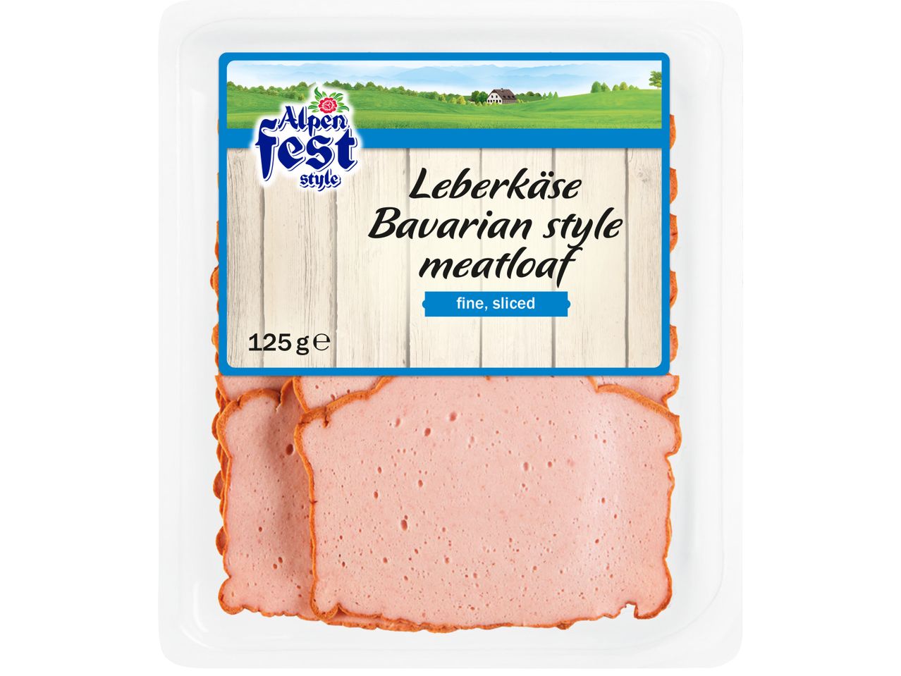 Опаковка с нарязан на филийки месен хляб „Leberkäse Bavarian style meatloaf“ от Alpenfest.