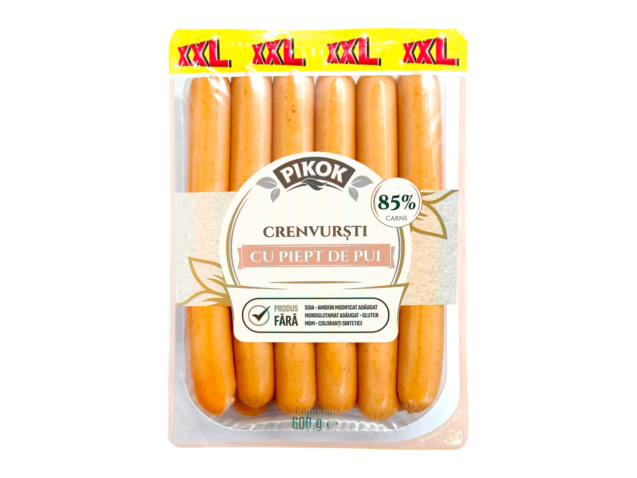 Crenvurști Pikok XXL din piept de pui, 85% carne, 600g.