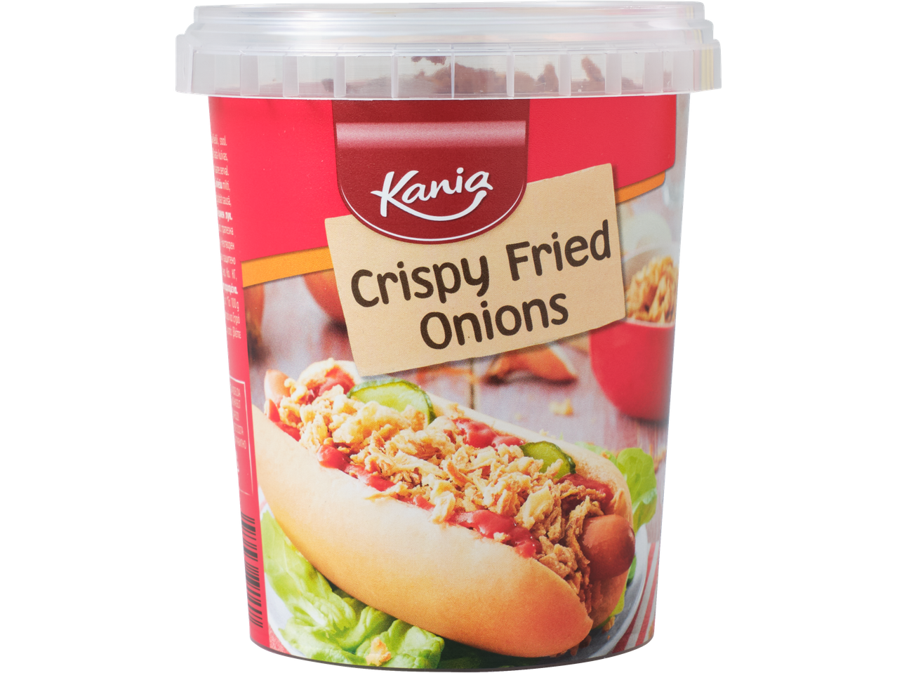 Kania kraukšķīgi cepti sīpoli traukā, ar hotdogu uz etiķetes