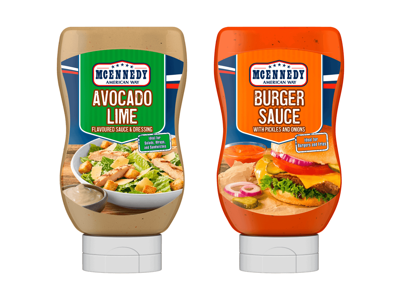 Deux bouteilles de sauce : sauce avocat-citron vert pour salades et sauce burger pour burgers.