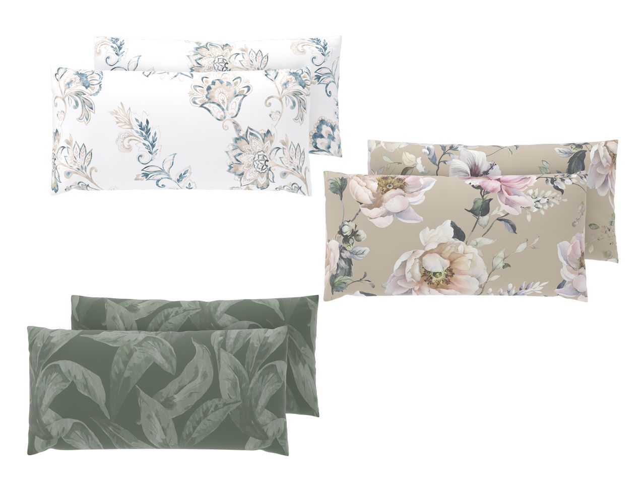Drei Sets Kissenbezüge: weiß mit blau-beigem Blumenmuster, beige mit rosa Blumen und grün mit Blättern.