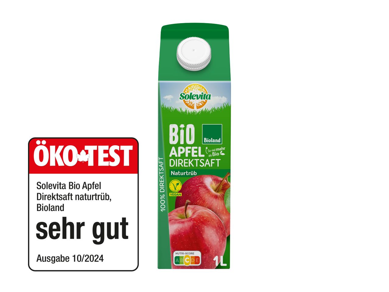 Solevita Bio Apfelsaft, Bioland, ÖKO-TEST Urteil „sehr gut”.