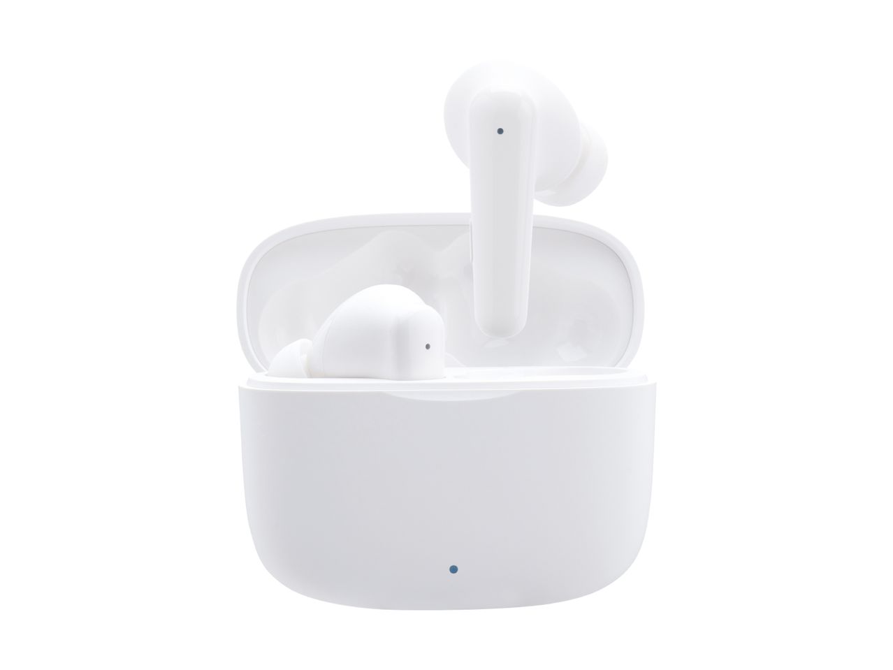 White wireless earbuds in an open charging case
