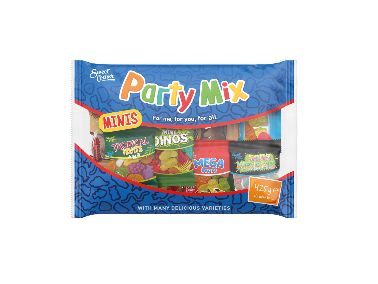 Sweet Corner Party Mix s mini vrećicama Tropical Fruits, Mini Dinos, Mega Bears i Sour Worms.
