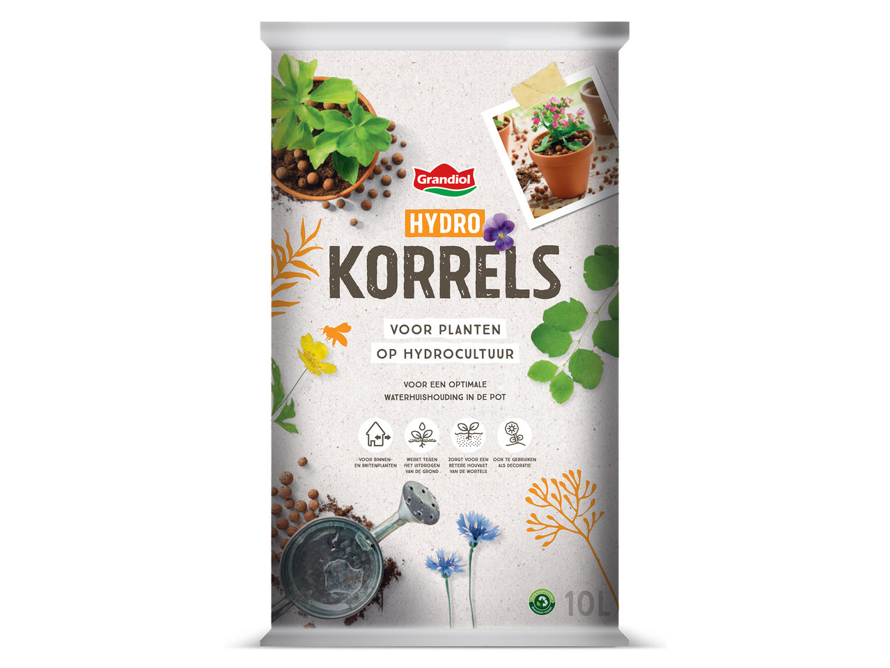 Zak hydrokorrels voor planten, met afbeeldingen van planten in potten en een gieter.