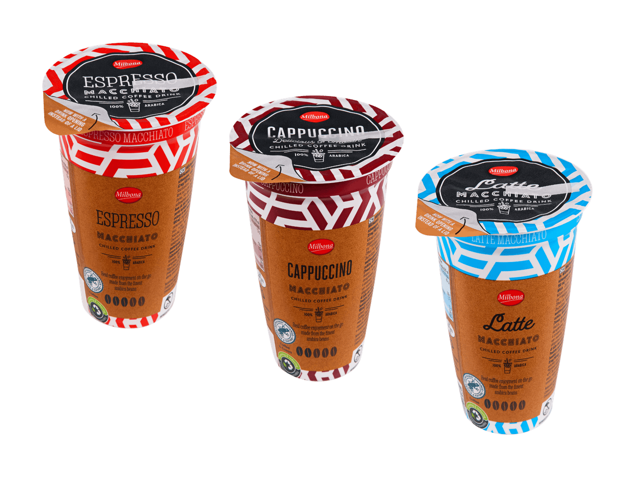 Drei gekühlte Macchiato-Kaffeegetränke: Espresso, Cappuccino und Latte, mit gestreiften Deckeln.